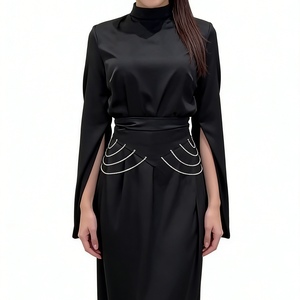 Robes élégantes à col mi-haut et manches longues pour femmes, nouvelle collection printemps, avec bordure en satin, taille cintrée, tendance - Product Image 3