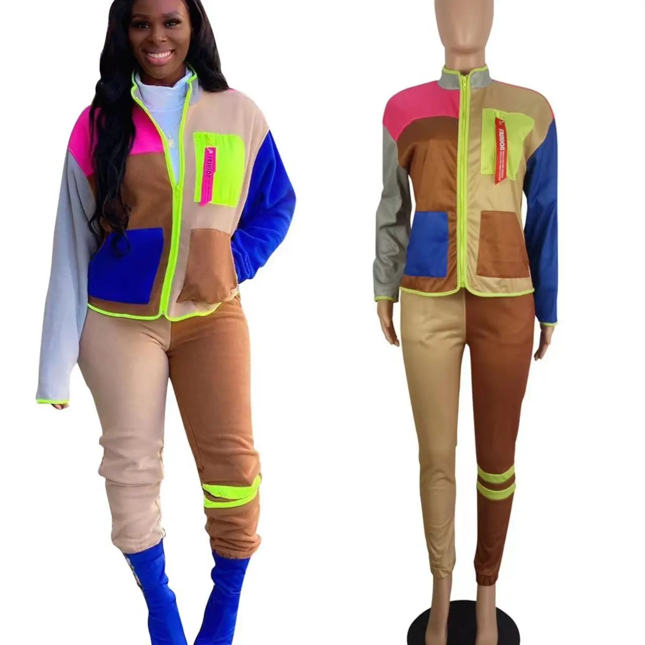 Color block two piece pants set women fashion patchwork sweatsuit tracksuits sets zip up jogging wear