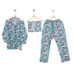 Indian Women's Casual Outfit 100% Pure Cotton <b>Pyjamas</b> Set Long Banana Leaf Pattern Ultra-Soft Eco-Friendly Button Cotton - Product Image 1