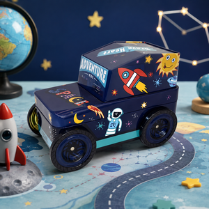 Boîte de rangement en métal en forme de voiture spatiale, boîte en métal imprimée en forme de jouet, emballage cadeau pour enfants - Product Image 1