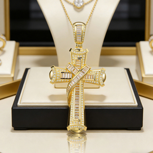Collar Clásico de Compromiso con Colgante de Cruz y Diamante CVD Cultivado en Laboratorio, Chapado en Oro de 10K/14K/18K sobre Plata Personalizada, Cadena para Suéter, Regalo VS - Product Image 3