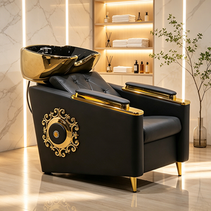 Lujosa Unidad de Lavacabezas Europea Negra y Dorada para Salón con Lavabo de Cerámica y Silla Tapizada Cómoda para Mobiliario de Barbería - Product Image 1