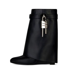 Botas de Mujer con Tacón de Cuña de Cuero Sintético Estilo Europeo Americano, con Cremallera, Hebilla de Bloqueo y Suela de Goma, de Caña Alta, para Otoño - Product Image 2