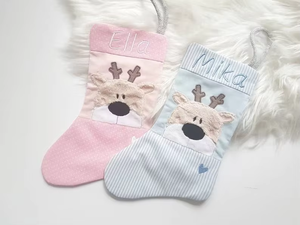 Chaussettes de Noël de luxe personnalisées rose et bleu pâle avec motif Père Noël, rayures et rennes, pour le <span class=keywords><strong>premier</strong></span> prénom de bébé - Product Image 5