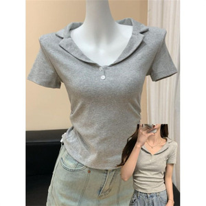 Estilo americano <span class=keywords><strong>Mujer</strong></span> Verano Casual para Polo Color sólido Cuello en V Slim-Fit Top corto Turn-Down Collar Base de manga corta - Product Image 5