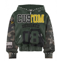 Sweat à capuche zippé personnalisé 450 GSM en tissu délavé avec motif camouflage graphique en strass, design patchwork brodé, coupe oversize, vente en gros, streetwear pour homme