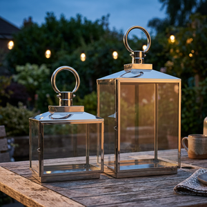 Ensemble de deux lanternes en acier inoxydable et verre, nouveau, - Product Image 2