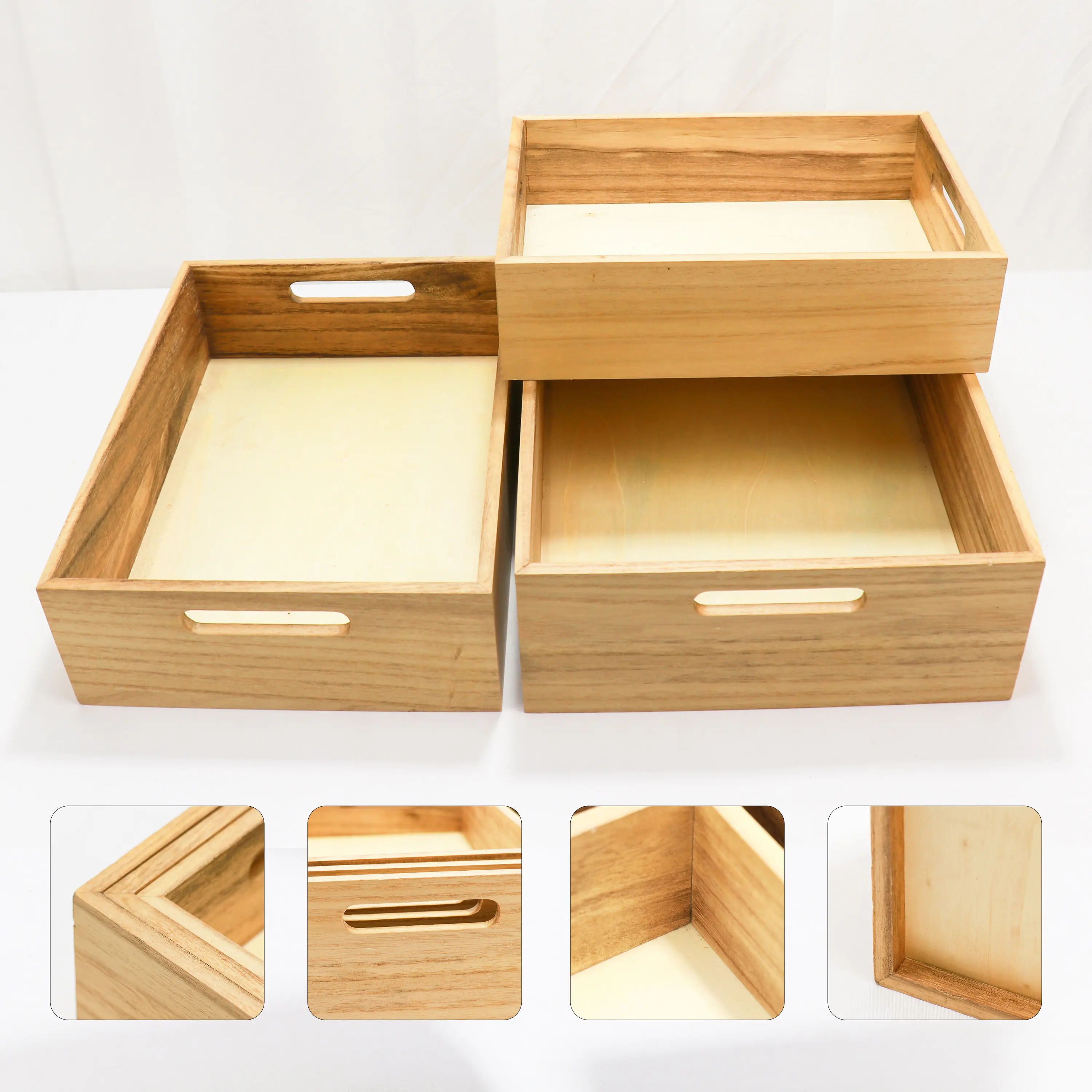 Caixas de madeira assentamento com alças Conjunto de 3 - Farmhouse Decor Recipientes De Armazenamento De Madeira/Portátil Rolling Tray Basket/Caixas