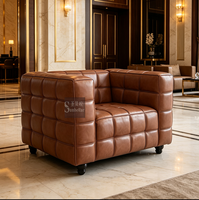Maßgefertigter Vintage-Sessel mit Quadratischem Gittermuster aus Echtem Leder, Einzelsitz-Lounge-Sofa für Wohnzimmer, Hotel und Gastgewerbe-Projekte