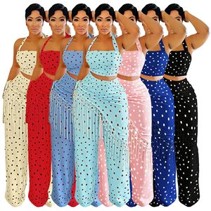 Nouvel ensemble pantalon deux pièces <span class=keywords><strong>pour</strong></span> <span class=keywords><strong>femme</strong></span>, imprimé pois décontracté, haut asymétrique tendance et pantalon à franges, ensemble 2 pièces <span class=keywords><strong>pour</strong></span> <span class=keywords><strong>femme</strong></span> - Product Image 1