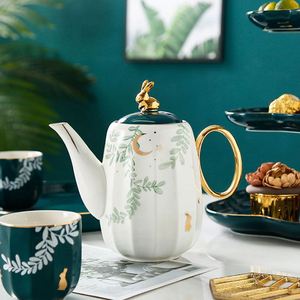 Juego de Tazas de Té de Cerámica con Diseño Rústico Rural de Hojas Verdes y Luna, 4 Tazas y 1 Tetera - Product Image 5