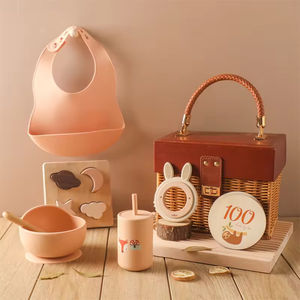 Juego de regalo de cesta de silicona para bebé, juego de regalo de vajilla Vintage para bebé, juego de <span class=keywords><strong>6</strong></span> uds de mimbre de imitación con borde cruzado - Product Image 4