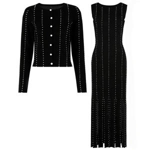 Nuovo Abito <span class=keywords><strong>Cardigan</strong></span> Modesto Autunno 2026, Lussuoso Vestito da Donna con Perle, Collo Tondo, Lunghezza <span class=keywords><strong>Midi</strong></span>, Moda Casual con Spacco, Maglione Lavorato a Maglia - Product Image 1