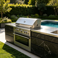 Ensemble de cuisine extérieure moderne et minimaliste, durable, avec armoires en acier inoxydable laqué noir, robinet, crédence, charnières, barbecue intégré et évier