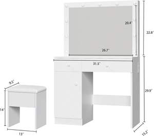 Coiffeuse avec miroir et éclairage, coiffeuse de maquillage avec station de charge, ensemble de coiffeuse avec armoire de rangement, tiroirs et chaise - Product Image 2