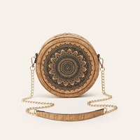 Sac bandoulière rond en liège naturel à motif ethnique bohème, rétro, écologique, pour femmes, décontracté, avec chaîne