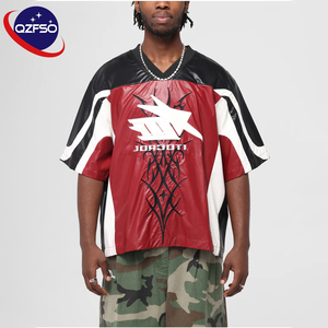QZFSO Custom Leather Coated Shirt Multi-panel Patchwork Oversized V-neck Hardcore Streetwear Tee Men Motocross Racing Jersey - Product Image 1