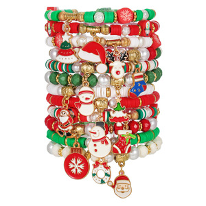Fashion Jewelry Christmas Beaded <b>Bracelets</b> Women's Gift Set With Santa Snowflake Reindeer Charms Red Green <b>White</b> Imitation Pearl - Product Image 4
