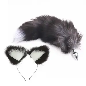 Metal Anal Plug Fox Tail Plush Cat Ears Metal silver Butt Bead Plug,Cosplay Sex Toys For Women Couples Prostate Massager