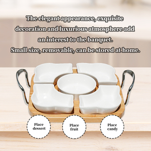 Plateau de service en bambou Plats de service à dessert Plateau à collation 5 assiettes amovibles en porcelaine blanche avec plateau en bambou - Product Image 6
