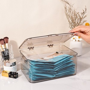 Flip Top Face Mask Storage Box Transparent Plastic Cosmetic Organizer <b>Makeup</b> Storage Container For <b>Dressing</b> <b>Table</b> Desktop Use - Product Image 4