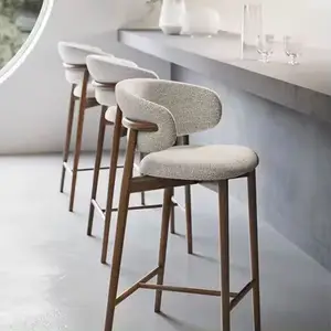Nordic Luxury Velvet Leather Wood High Counter Chair Modern Bar Stool Bar Furniture For Kitchen Restaurant