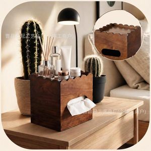 Caja de pañuelos de madera con bandeja organizadora para maquillaje y uso en el escritorio, diseño cuadrado de madera maciza - Product Image 3