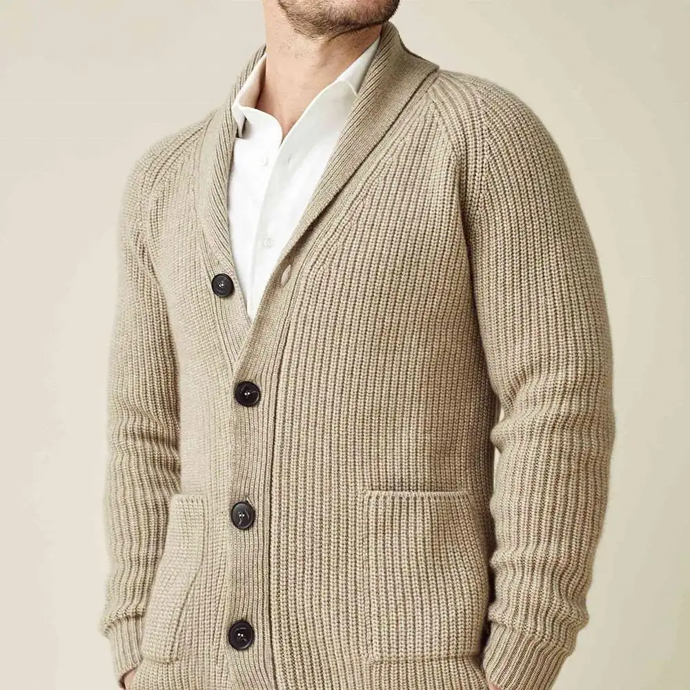 Navy Chunky Knit Men Wool Cashmere Ribbed V-Neck Cardigan Sweater Tops Cashmere Cardigan Men