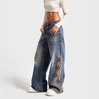 J327 Celana Jeans Denim Bordir Longgar Berpinggang Tinggi Trendy untuk Wanita Fashion Ukuran Besar Celana Denim Panjang Kasual Celana Wanita.