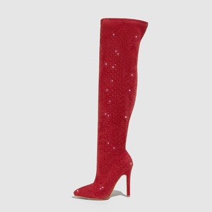 Bottes au-dessus du genou en strass tendance, sexy, à bout pointu, avec fermetures éclair latérales pour un confort optimal, en faux daim, talons hauts fins pour femmes - Product Image 1
