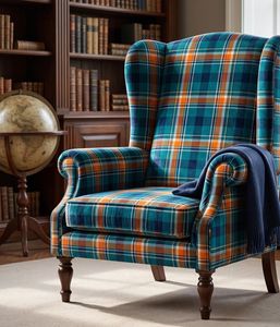 Tela de tapicería estampada a cuadros en azul verdoso, naranja y blanco por yarda, textil colorido con patrón a cuadros para muebles, sofá y silla - Product Image 2