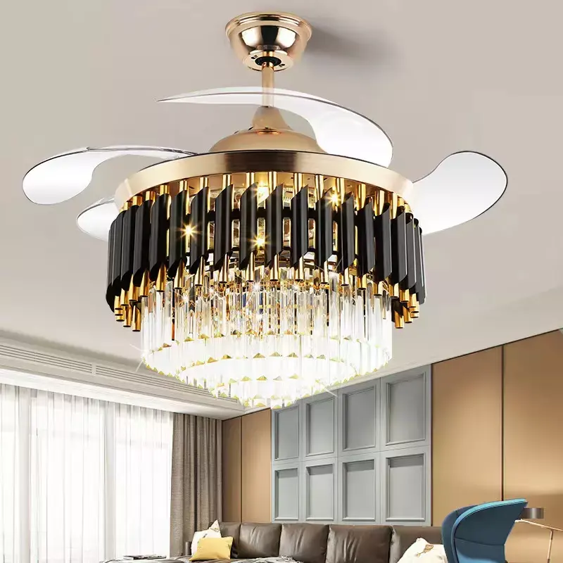 Moderne Residentiële Smart Home Decoratieve Afstandsbediening Goud Kristal Groot Plafond Licht Ventilator Luxe Kroonluchter Led Plafondventilator