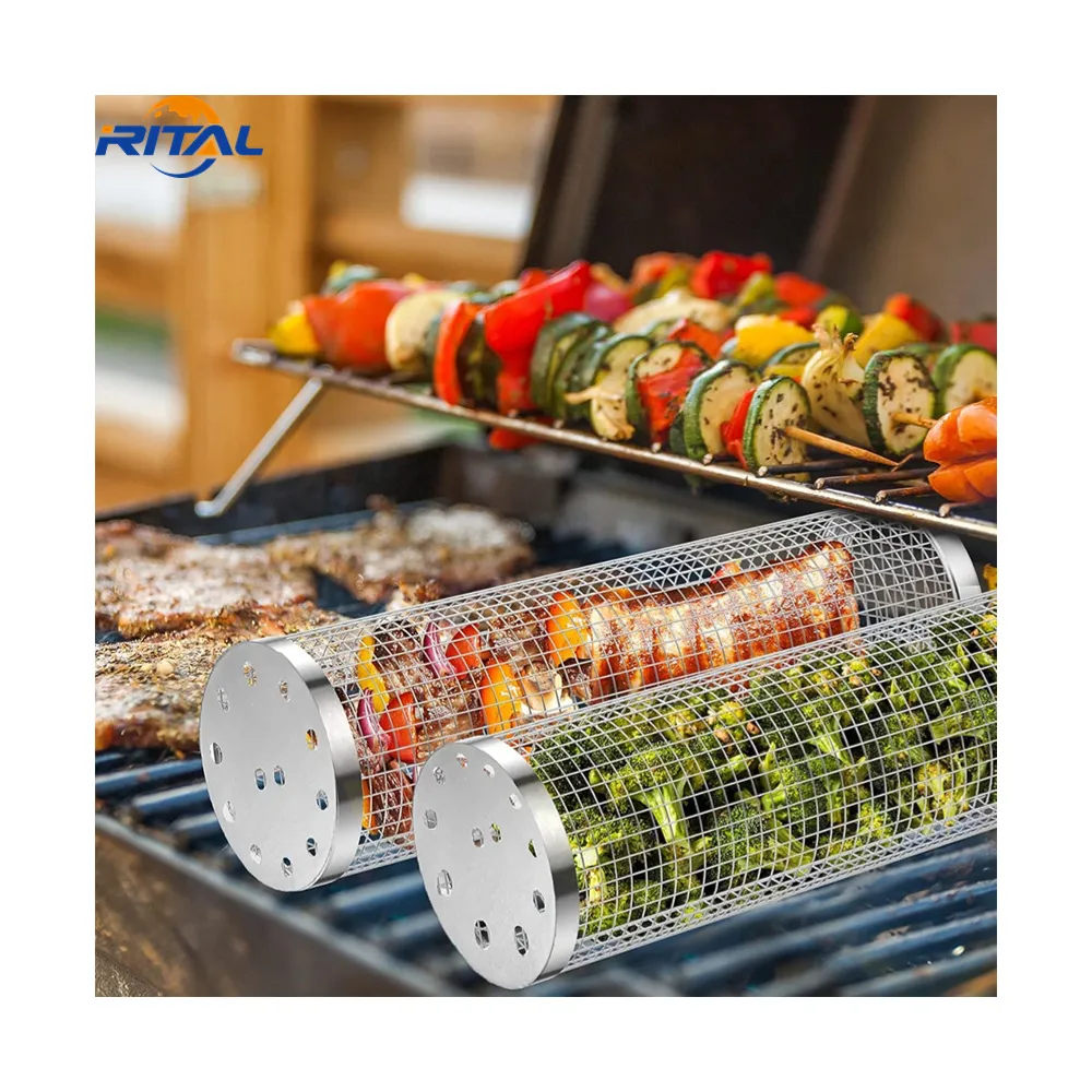 Bbq Netto Buis Roestvrij Staal Gaas Walsen Grill Mand Draagbare Outdoor Camping Ronde Barbecue Mand Voor Vis Groente