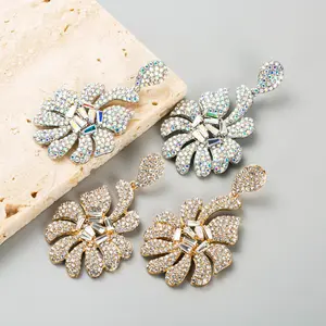时尚夸张耳环合金奢华气质镶嵌水钻全钻石3D花朵耳环长款耳环