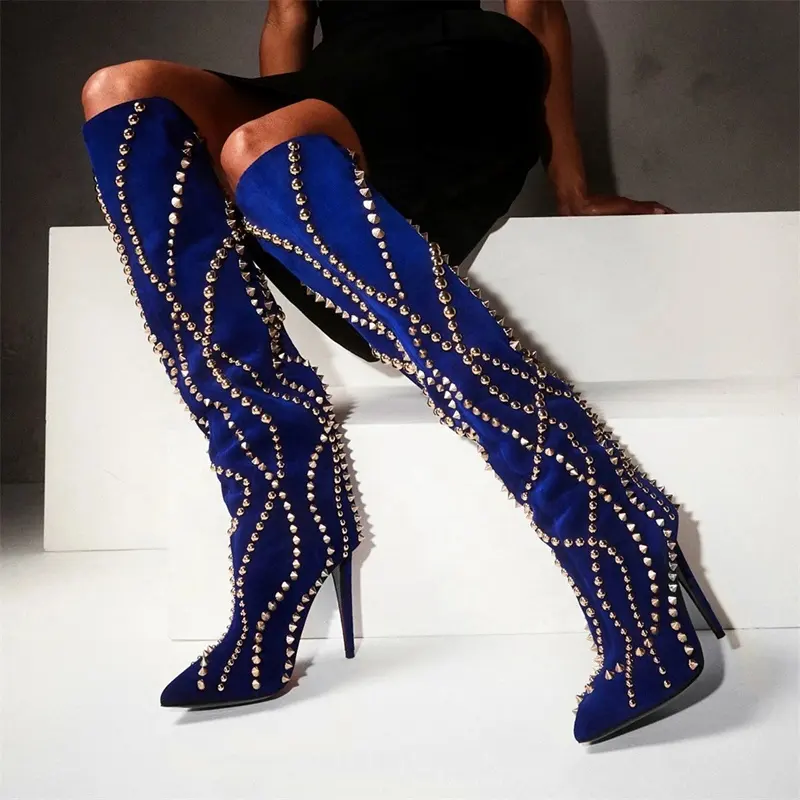 Azul Royal Rebites Mulheres Camurça Joelho Botas Altas Fino Salto Alto Apontou Toe Vestido Sapatos Senhoras Stiletto Longo Botas