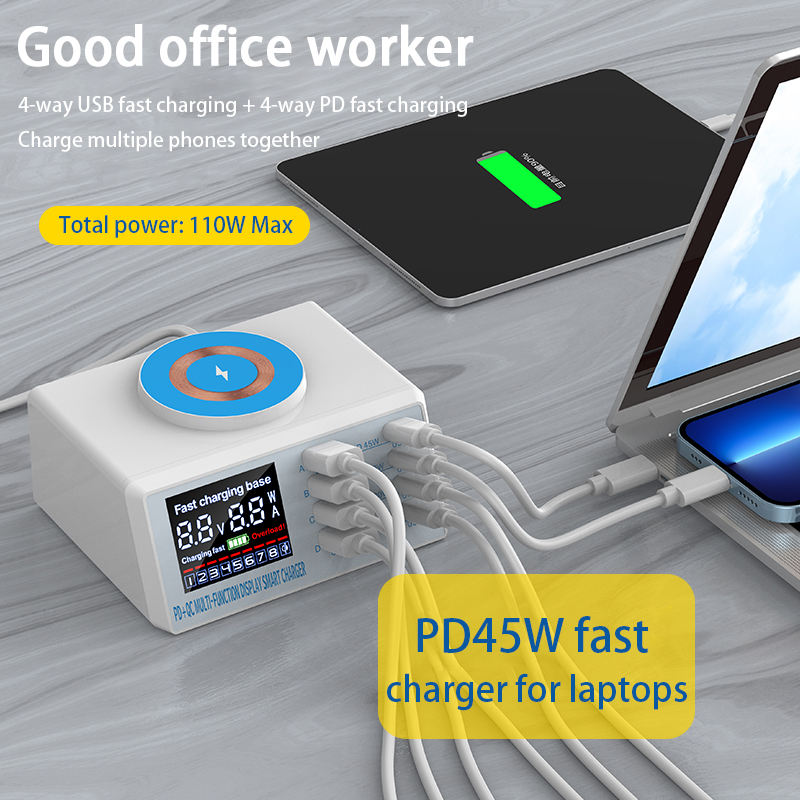 Estación de carga USB múltiple de 110W, cargador rápido USB PD45W  PPS, cargador inalámbrico para iPhone 1516, iPad, portátil, teléfono móvil