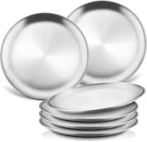 20cm 7.87 inch Dishwasher Safe Metal Round Pizza Pan Korean Dinner Plates 18/8 Stainless Steel Camping Plates