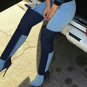 รองเท้าบูทผู้หญิงแบบสวมสูงเหนือเข่า ปลายแหลม ส้นเข็ม แต่งผ้าเดนิมแบบแพทช์เวิร์ค ครึ่งซิปด้านบน ไซส์ใหญ่พิเศษ 43 - Product Image 5