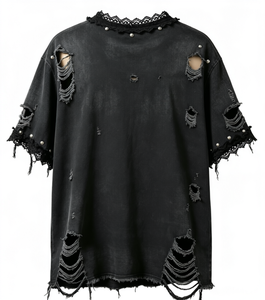 Men's <b>Gothic</b> Oversized <b>T</b>-<b>Shirt</b> Black Cotton Short Sleeve Ripped Lace Trim O-Neck Jersey Fit - Product Image 1
