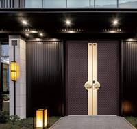Porte d'entrée moderne de luxe en aluminium moulé, motif floral sculpté, double entrée, isolation thermique, projet exclusif