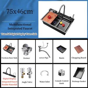 Évier de cuisine à cascade CN Smart 304 en acier inoxydable noir à DEL avec lave-gobelet multifonction - Product Image 3