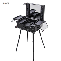 Chariot de Salon Professionnel en Aluminium à Roulettes avec Miroir et Éclairage, Poignée Souple, Pieds de Télescope à Boîtier Ouvert, Durable