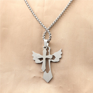 Stainless Steel <b>Cross</b> Pendant Necklace With Wings Men's Fashion Jewelry Geometric Design 12054 - Product Image 2