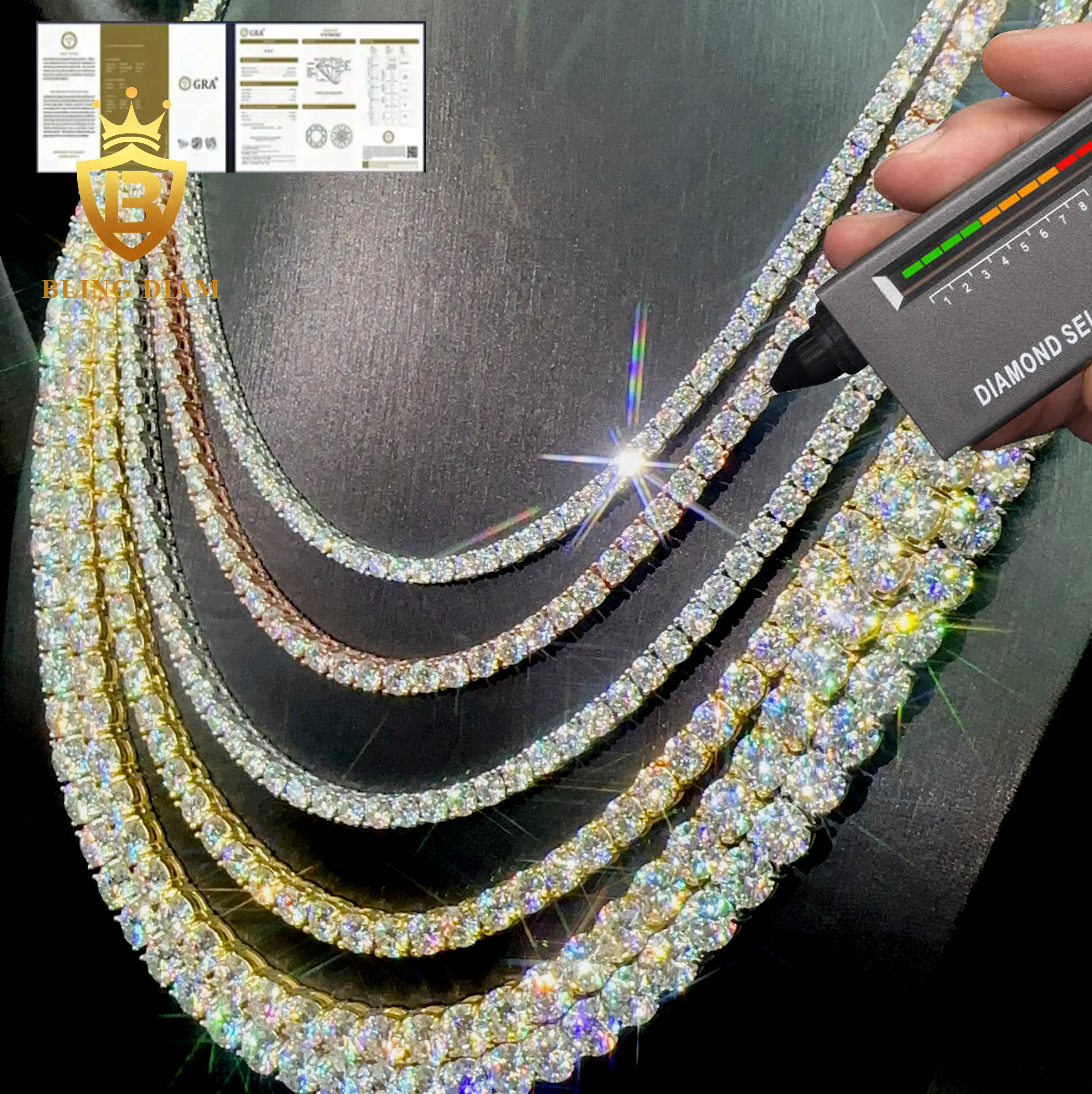 Moissanite kalung rantai Hiphop pria wanita, penjualan laris penguji berlian 925 perak murni 2 mm-6.5 mm