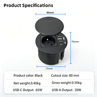 80mm Yuvarlak Masa Prizi Fransız Tip-E Güç Çıkışı 65W PD USB-C 2USB-A Hızlı Şarjlı Kapaklı Gömme Masa Prizi