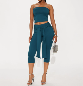 Viviblook J25ST464 New Women Casual Set <b>Sexy</b> Slim Fit Strapless <b>Crop</b> <b>Top</b> Cropped Pants 2 Pieces Set - Product Image 2