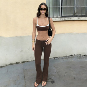 Completo Sportivo Bicolore con Top a Canotta e Pantaloni Lunghi a Vita Bassa ed Elastici, Stile Casual, <span class=keywords><strong>Abbigliamento</strong></span> <span class=keywords><strong>Sexy</strong></span> da <span class=keywords><strong>Donna</strong></span> - Product Image 2