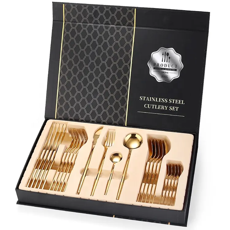 Shiny Gold Sets Plated Luxury Modern Flatware Restaurant Cutlery 24Pcs Set