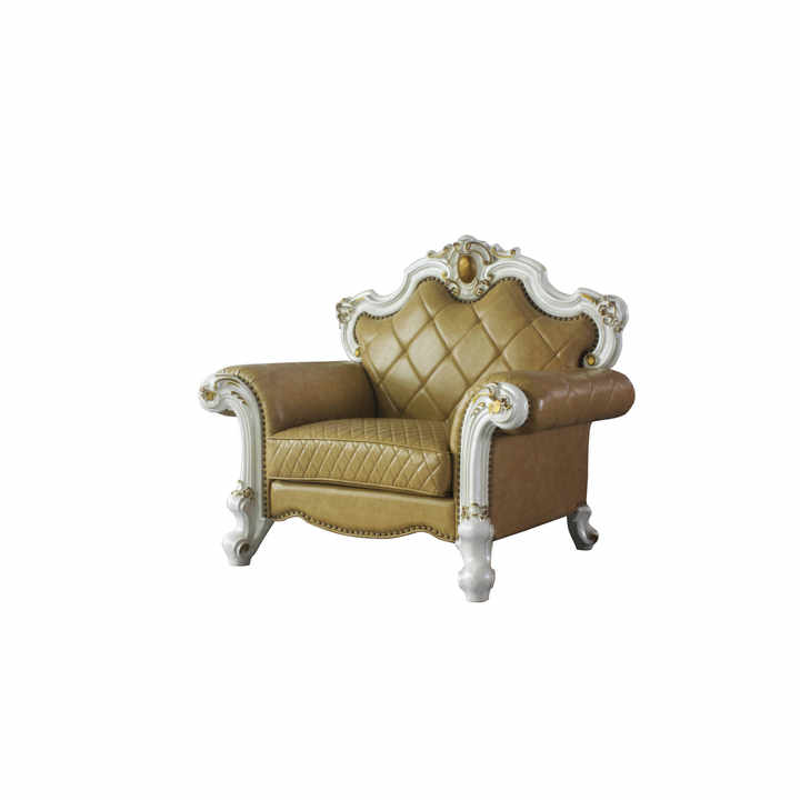 HMS 50 Beige and Pearl Faux Leather Tufted Arm Chair with Toss Pillow Elegant Living Room Furniture