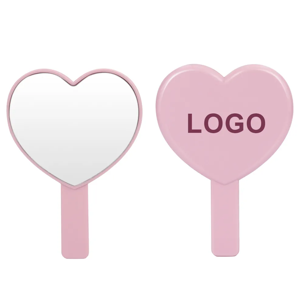 بيع بالجملة علامة خاصة أميرة لطيف القلب الوردي مرآة باليد مع مقبض Abs البلاستيك شعار مخصص للنساء
